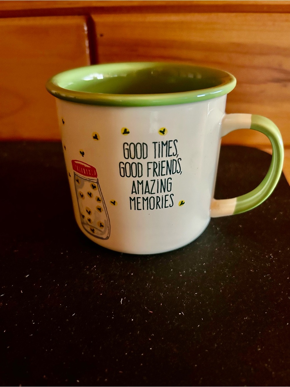 Ceramic Mug with Green Rim and Handle - Good Times Quote